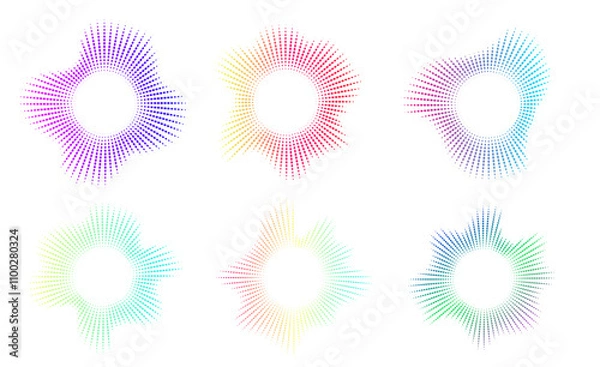 Fototapeta  A set of equalisers with neon dots.  Radial sound multicolour sound waves. Music symbol, , circular sound waves, digital communication. Vector radial spectrum.