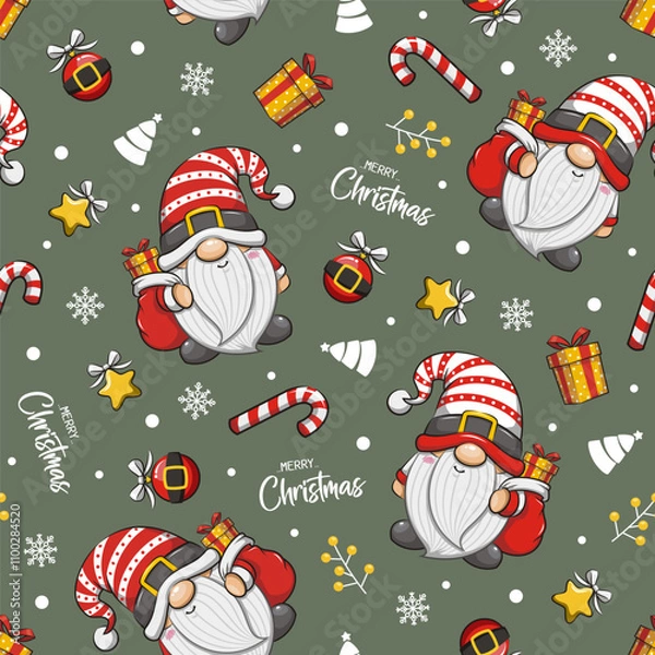 Obraz Seamless Pattern Gnome Santa Claus On Green Background. Cute Cartoon Illustration