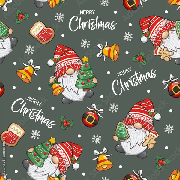Obraz Seamless Pattern Gnome Santa Claus On Dark Green Background. Cute Cartoon Illustration