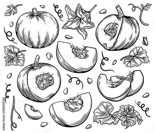 Fototapeta Set of hand drawn sketch style pumpkin, leaves, flowers and seeds isolated on white background, detailed autumn harvest halloween illustration. Vector illustration.