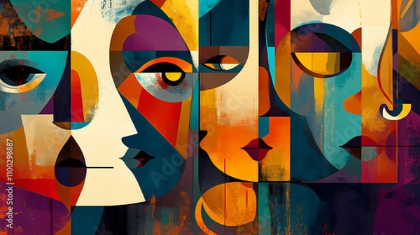 Fototapeta Abstract painting with geometric forms figurative drawings retro expressionism elongated figures restrained expressionism wallpaper background digital art. Cubism. Illustration