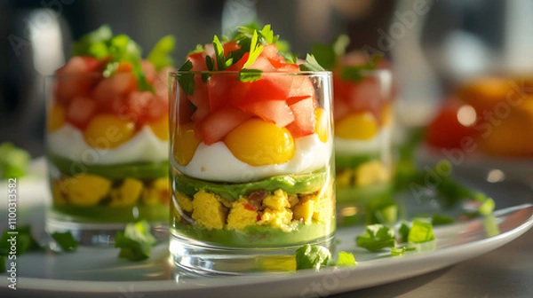 Fototapeta Captivating Close-Up of Avocado Tuna Tomato Egg Verrines Taken with an iPhone 15 Pro - Perfectly Clear, High-Resolution, and Photorealistic Shot
