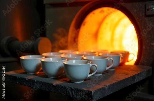 Fototapeta New white porcelain tableware is placed in a muffle kiln for firing close-up at a ceramic factory