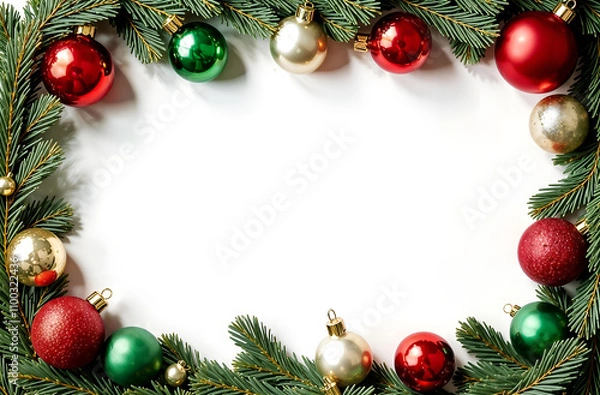 Fototapeta rectangular frame made of fir branches and Christmas toys and spaces