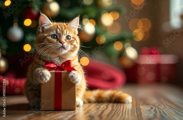 Fototapeta A cute fluffy kitten holds in its paws a gift box with a bow near the Christmas tree with toys and a space for copying