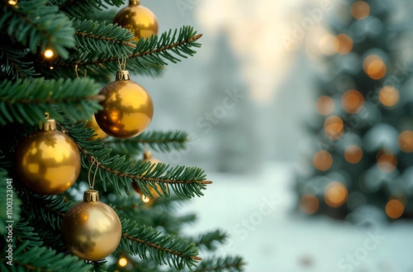 Fototapeta Branches of a Christmas tree with golden Christmas balls and a blurred background space for copying