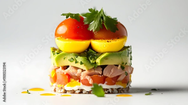 Fototapeta Captivating Close-Up of Avocado Tuna Tomato Egg Verrines Taken with an iPhone 15 Pro - Perfectly Clear, High-Resolution, and Photorealistic Shot
