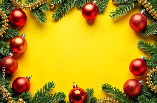 Fototapeta rectangular frame made of fir branches and Christmas toys and spaces