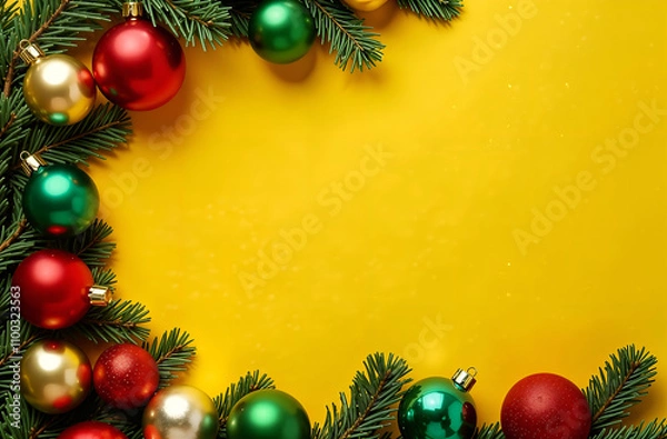 Fototapeta rectangular frame made of fir branches and Christmas toys and spaces