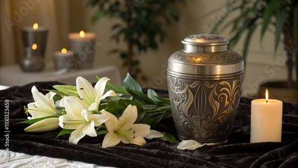 Obraz Silver cremation urn with lilies on a black cloth