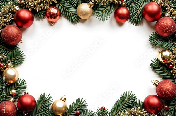 Fototapeta rectangular frame made of fir branches and Christmas toys and spaces