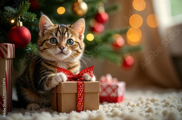 Fototapeta A cute fluffy kitten holds in its paws a gift box with a bow near the Christmas tree with toys and a space for copying