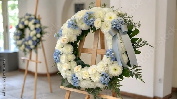 Obraz Blue and white funeral wreath on an easel in a hall