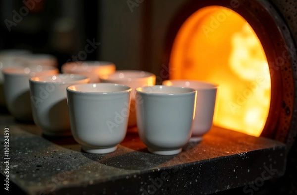 Fototapeta New white porcelain tableware is placed in a muffle kiln for firing close-up at a ceramic factory