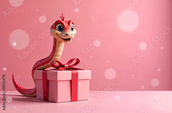 Fototapeta A gift box with a coiling funny snake on a pink blurred background and a copy space. Concept - Chinese New Year