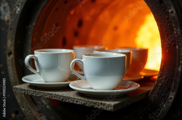 Obraz New white porcelain tableware is placed in a muffle kiln for firing close-up at a ceramic factory