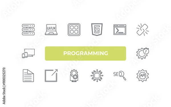 Obraz fully editable outline icon collection from programming concept. thin line icons set such as server, ux de, code terminal, image seo, api,