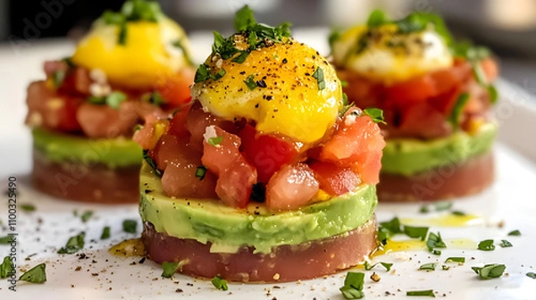 Fototapeta Captivating Close-Up of Avocado Tuna Tomato Egg Verrines Taken with an iPhone 15 Pro - Perfectly Clear, High-Resolution, and Photorealistic Shot