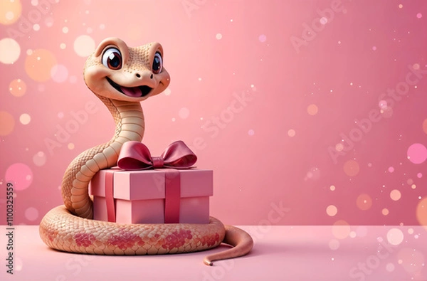 Fototapeta A gift box with a coiling funny snake on a pink blurred background and a copy space. Concept - Chinese New Year