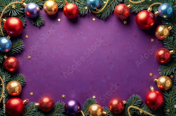 Obraz rectangular frame made of fir branches and Christmas toys and spaces