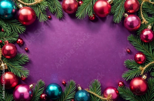 Obraz rectangular frame made of fir branches and Christmas toys and spaces