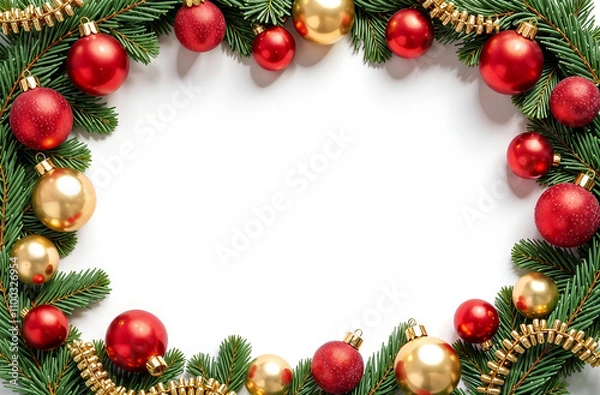 Obraz rectangular frame made of fir branches and Christmas toys and spaces