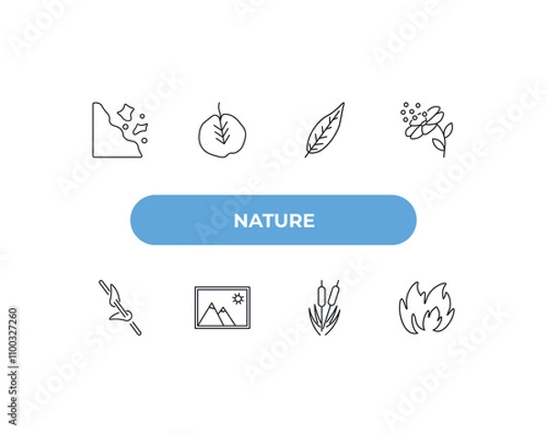 Fototapeta fully editable outline icon collection from nature concept. thin line icons set such as falling debris, cercis leaf, lanceolate, reed bed, burning flames,