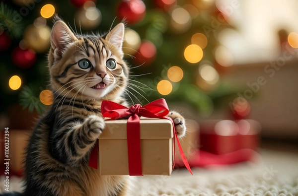 Obraz A cute fluffy kitten holds in its paws a gift box with a bow near the Christmas tree with toys and a space for copying