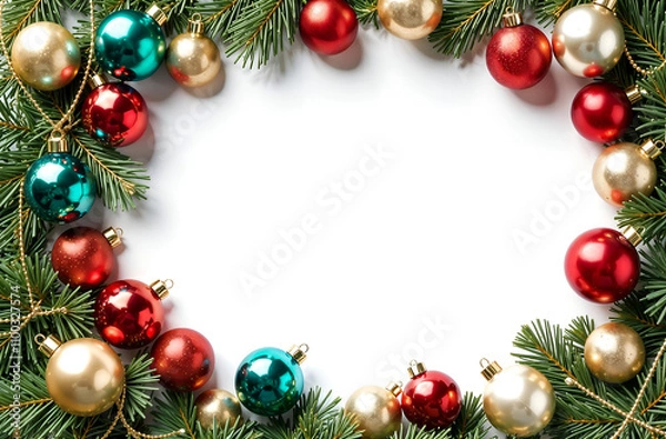 Obraz rectangular frame made of fir branches and Christmas toys and spaces