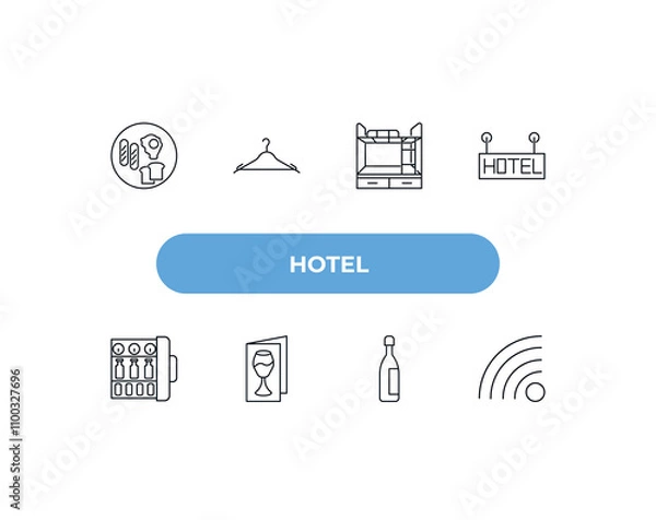 Fototapeta fully editable outline icon collection from hotel concept. thin line icons set such as breakfast, checkroom, bunk bed, champagne, free wifi,