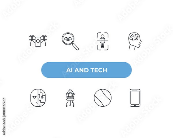 Fototapeta fully editable outline icon collection from ai and tech concept. thin line icons set such as unmanned aerial vehicle, detection, body scan, ball, smartphone,