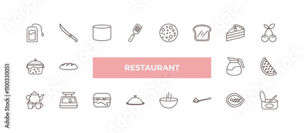 Fototapeta fully editable outline icon collection from restaurant concept. thin line icons set such as infusion bag, butcher knife, boiling water pan, beef chop, open tin with spoon,