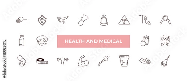 Fototapeta fully editable outline icon collection from health and medical concept. thin line icons set such as yoga mat, medical shield, syrup, ophthalmology, enema,