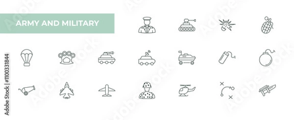 Fototapeta fully editable outline icon collection from army and military concept. thin line icons set such as general, tank, explosive, strategy, bayonet on rifle,