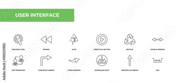 Fototapeta fully editable outline icon collection from user interface concept. thin line icons set such as mechanic tool, rewind, 40 fe, pointing up arrow, gap,