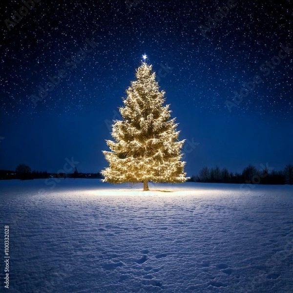 Fototapeta a simple, single Christmas tree in a snowy field lit up in the night