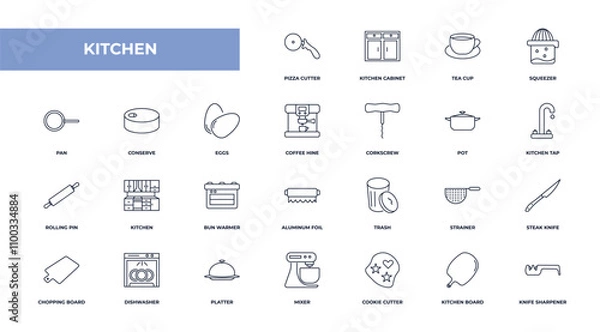 Fototapeta fully editable outline icon collection from kitchen concept. thin line icons set such as pizza cutter, kitchen cabinet, conserve, kitchen board, knife sharpener,
