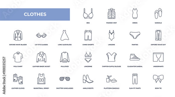 Fototapeta fully editable outline icon collection from clothes concept. thin line icons set such as bra, padded vest, cat eye glasses, slim fit pants, bow tie,