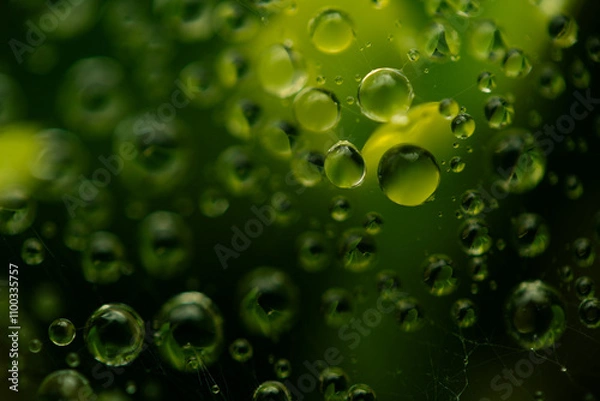 Obraz Water drops on a green background. Water droplets