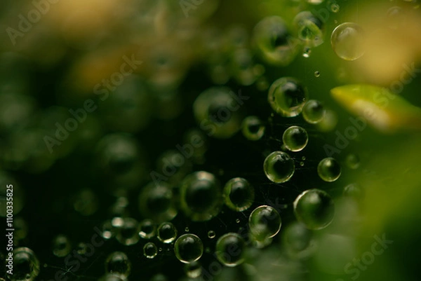 Obraz Water drops on a green background. Water droplets