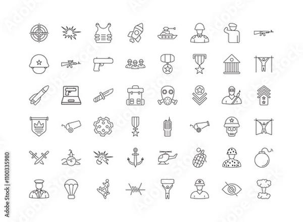 Fototapeta fully editable outline icon collection from army and military concept. thin line icons set such as target, explosion, militar radio, stealth, bomb detonation,
