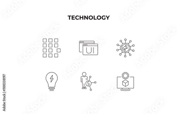 Fototapeta fully editable outline icon collection from technology concept. thin line icons set such as pixels per inch, user interface, multichannel marketing, affiliate marketing, virtual hine,