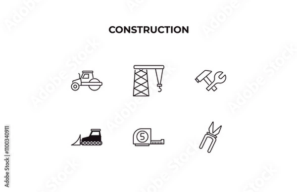Fototapeta fully editable outline icon collection from construction concept. thin line icons set such as steamroller, derrick facing right, constructions, five meters ruler, inclined clippers,