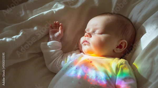 Fototapeta Sleeping baby bathed in soft rainbow light on a cozy bed, serene and magical atmosphere
