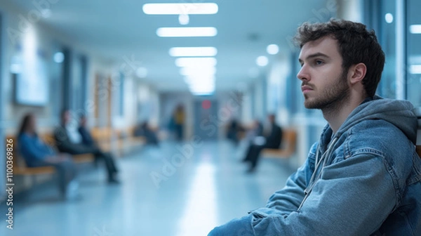 Fototapeta Waiting time. A young man sits pensively in a hospital hallway, surrounded by others waiting, capturing a moment of reflection and uncertainty.