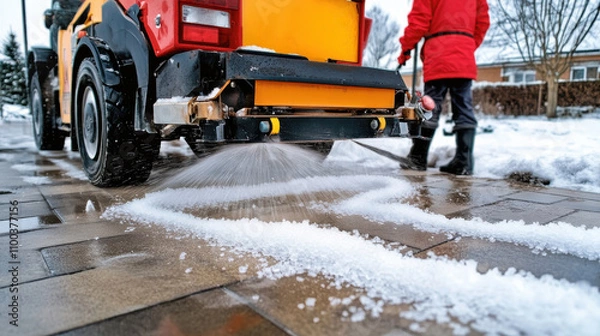 Fototapeta Worker spreading salt on icy sidewalk to prevent winter slipping hazards