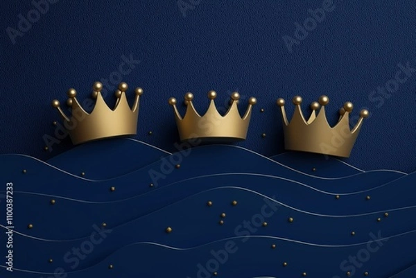 Obraz Three golden crowns floating on dark blue waves with golden dots in a whimsical cartoon style design