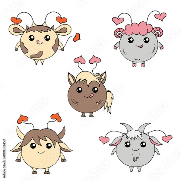 Obraz Five colourful round monsters in the shape of a cow, ram, horse, yak and goat. Kind funny animals with hearts on their heads. Positive cartoon characters.