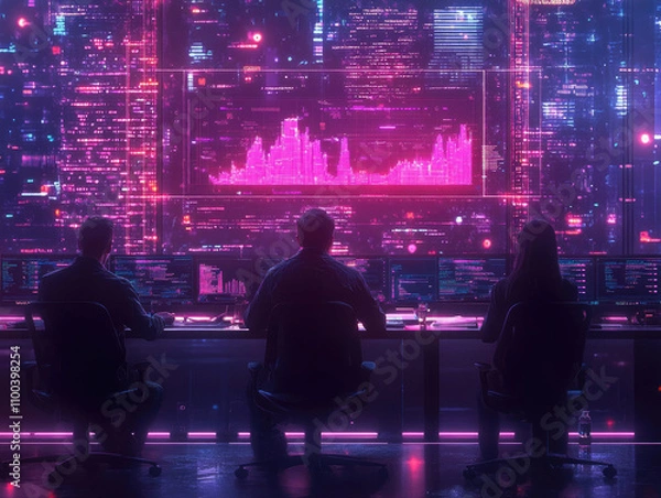 Obraz Futuristic Control Room with Data Analysts Monitoring Screens