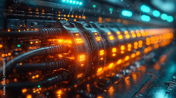 Obraz Close-up of illuminated data server cables in a technology data center